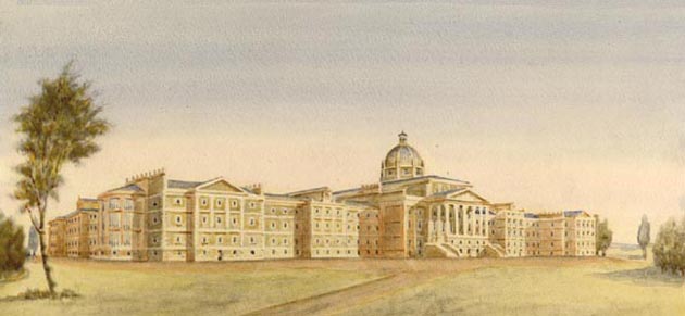Watercolor on photo of Lunatic Asylum, John George Howard